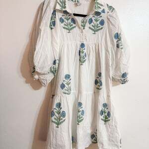 Saule Parc Floral Hand Block Print Balloon Sleeve Cotton Mini Dress boho